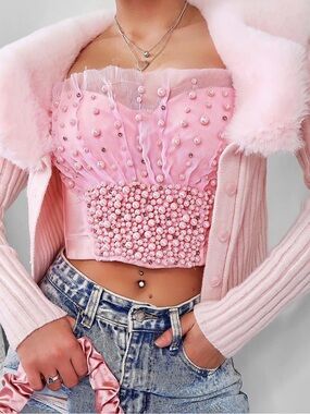 Fashion Nova Wear Your Pearls-Embellished Pink Bustier Top